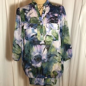 Floral Watercolor Sheer Blouse Shirred 3/4 Sleeve